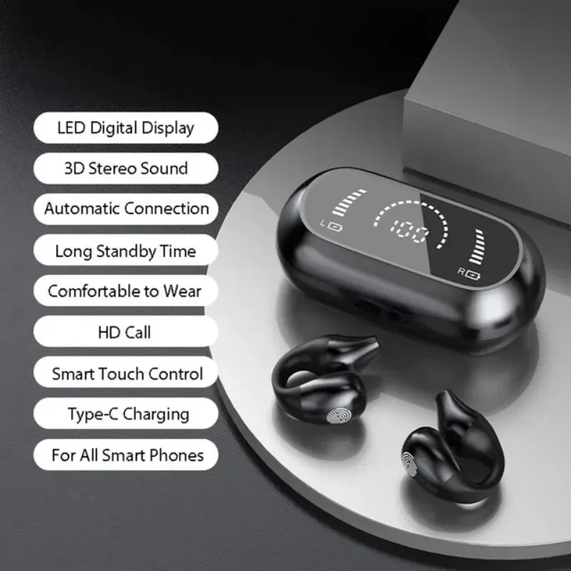 Sunfler TWS Wireless Headphones Bt 5.2 Bone Conduction Earphones Earclip Design Touch Control LED In Ear Earbuds Sports Headsets